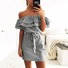 Load image into Gallery viewer, Sexy Slash Neck Mini Short Dress Sleevelee Slim Slash Mini Party Dresses Vestidos Women Solid Fashion Striped Straight Dresses